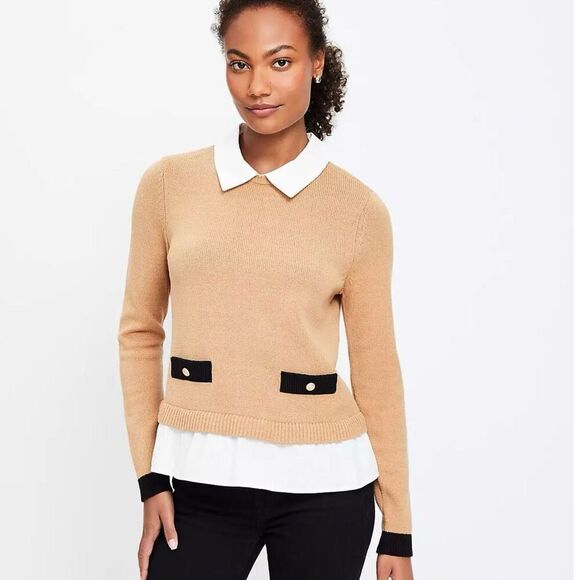 Loft Poplin Layered Mixed Media Sweater Size S neutral tan white - Picture 1 of 11